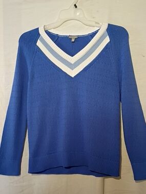 NWT Talbots Royal Blue V-Neck Cotton Knit Sweater with White & Light Blue Trim